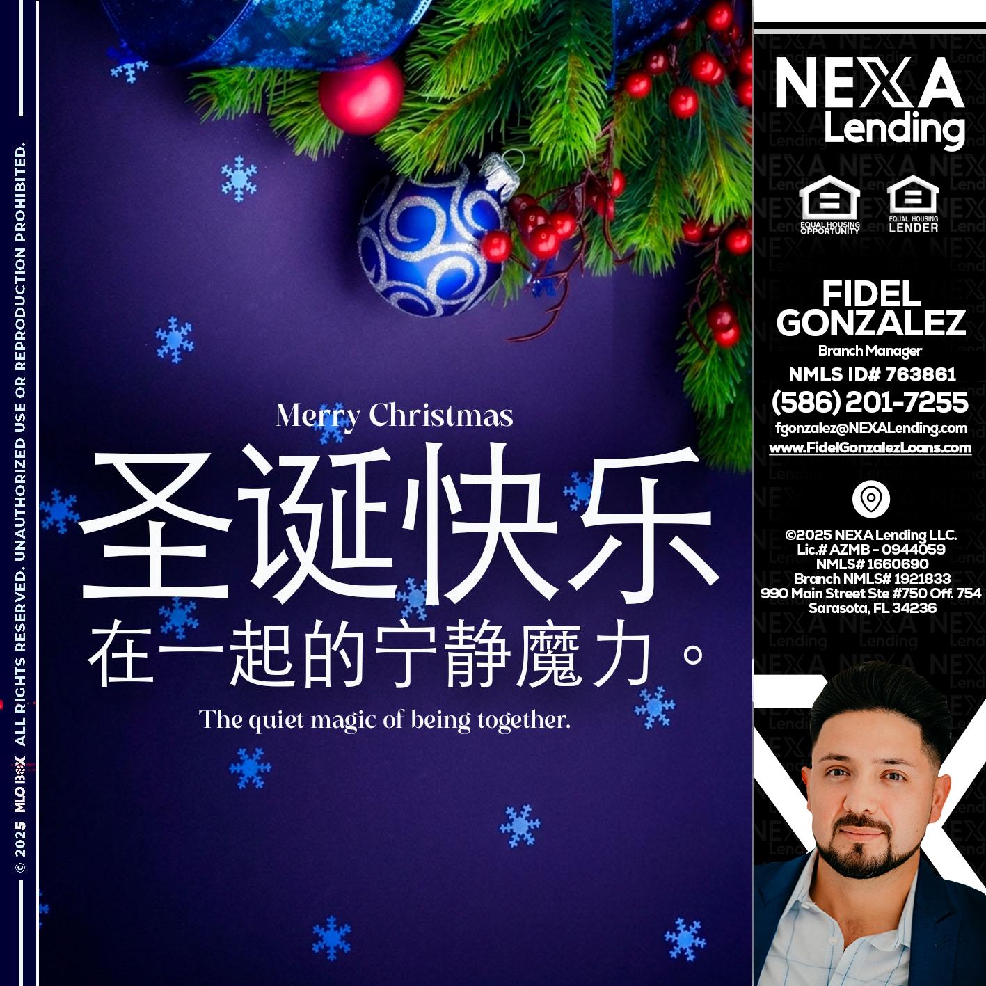 圣诞快乐 在一起的宁静魔力。 - Fidel Gonzalez -Branch Manager